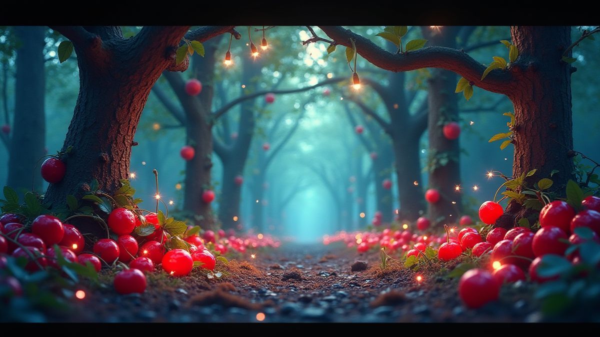 A magical forest with glowing cherries and vibrant fruits.