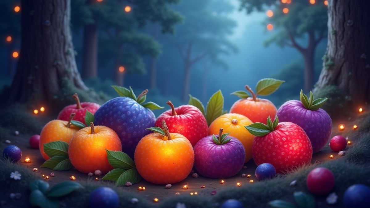 Vibrant and colorful fruits against a magical forest background.