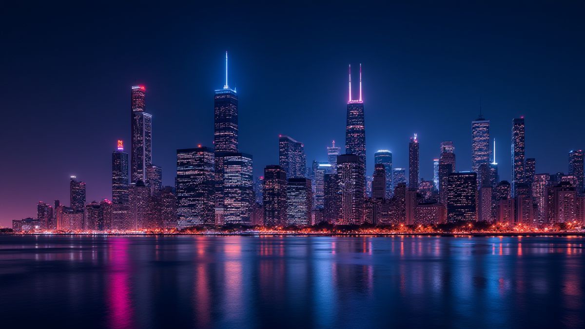 Le skyline de Chicago illuminé par des lumières néon pendant la nuit.