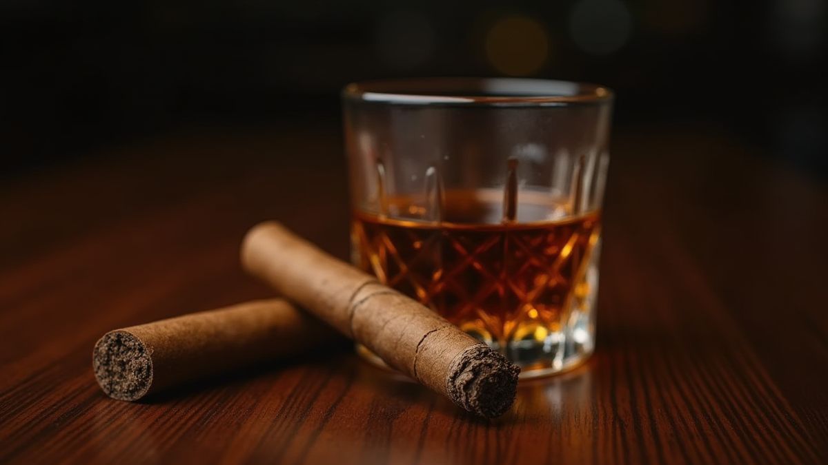 Un cigare et un verre de whisky sur une table en bois avec un éclairage tamisé.