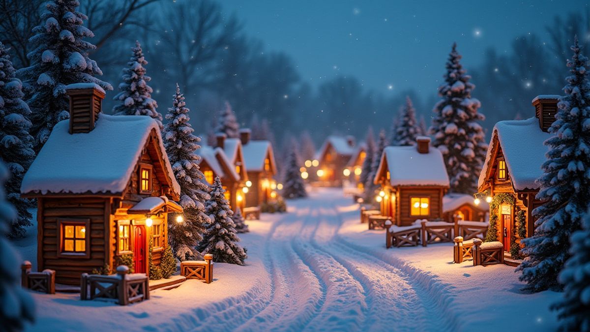Un pueblo navideño con nieve y luces festivas.