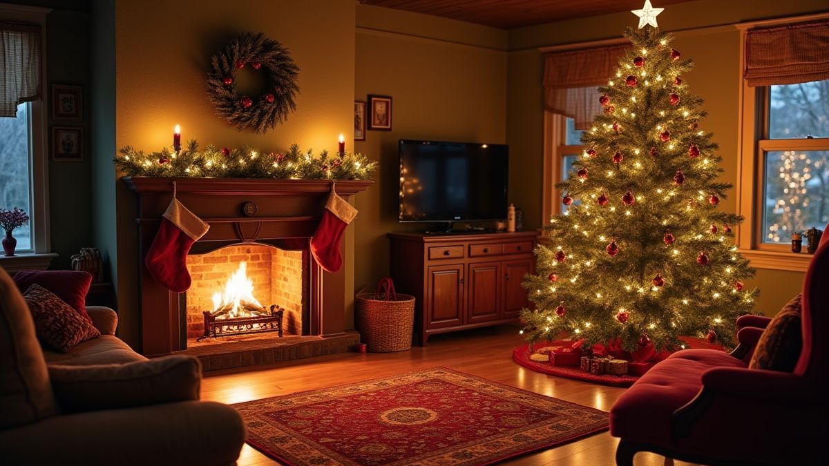 Una sala de estar acogedora con chimenea y decoraciones navideñas.
