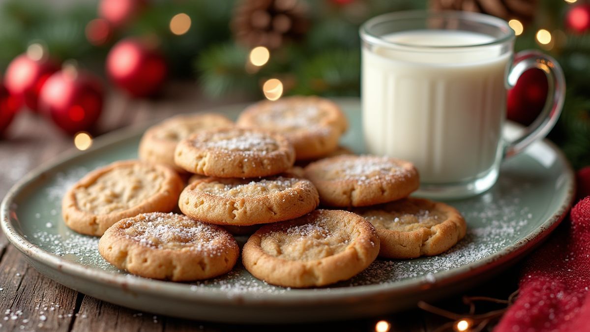 Plato de galletas y leche con decoraciones navideñas.
