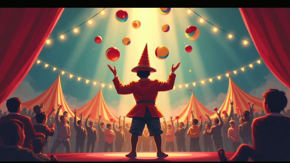 Un artista de circo haciendo malabares en un espectáculo vibrante.