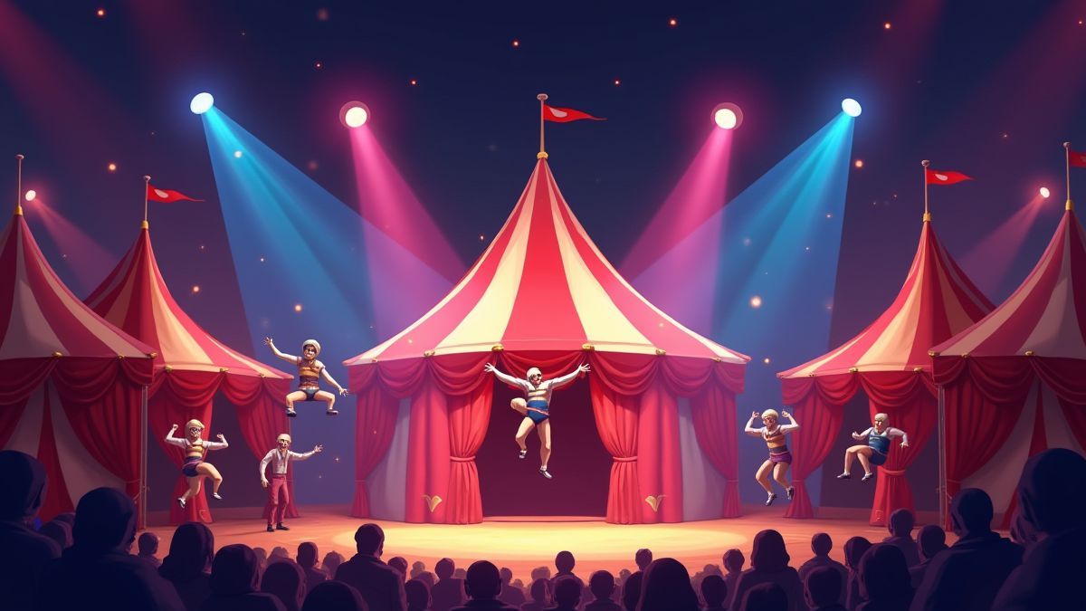 Escena animada de un circo con artistas en acción.