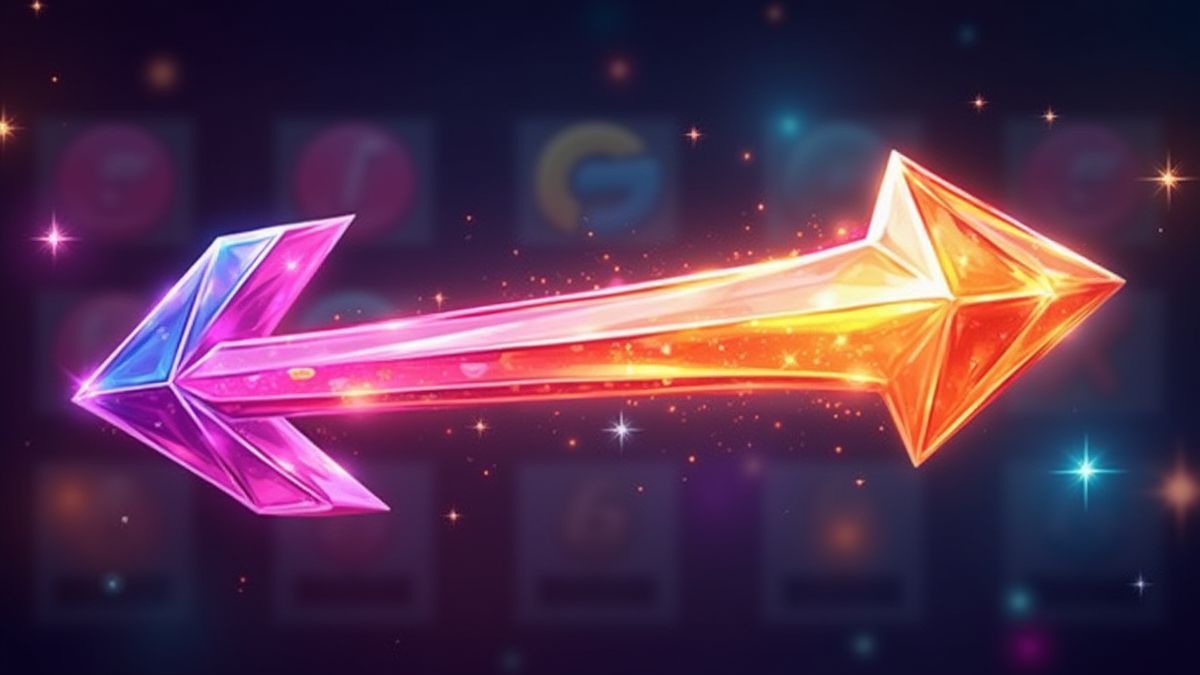 A glowing crystal arrow moving through a vibrant background of lights.