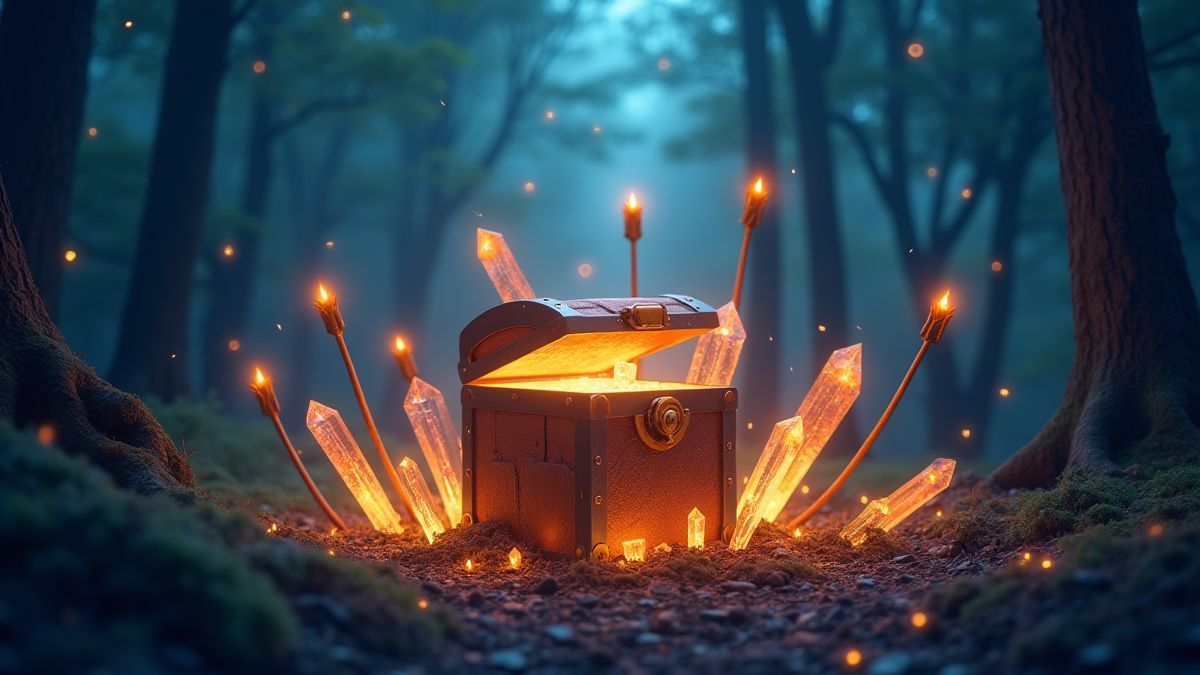 A glowing treasure chest surrounded by crystal arrows in a magical forest.