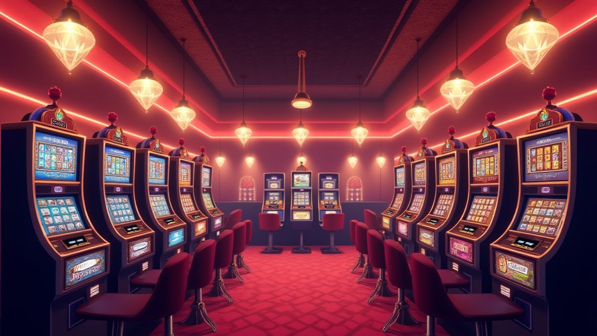Interieur van een casino met retro gokkasten en sprankelende diamanten.