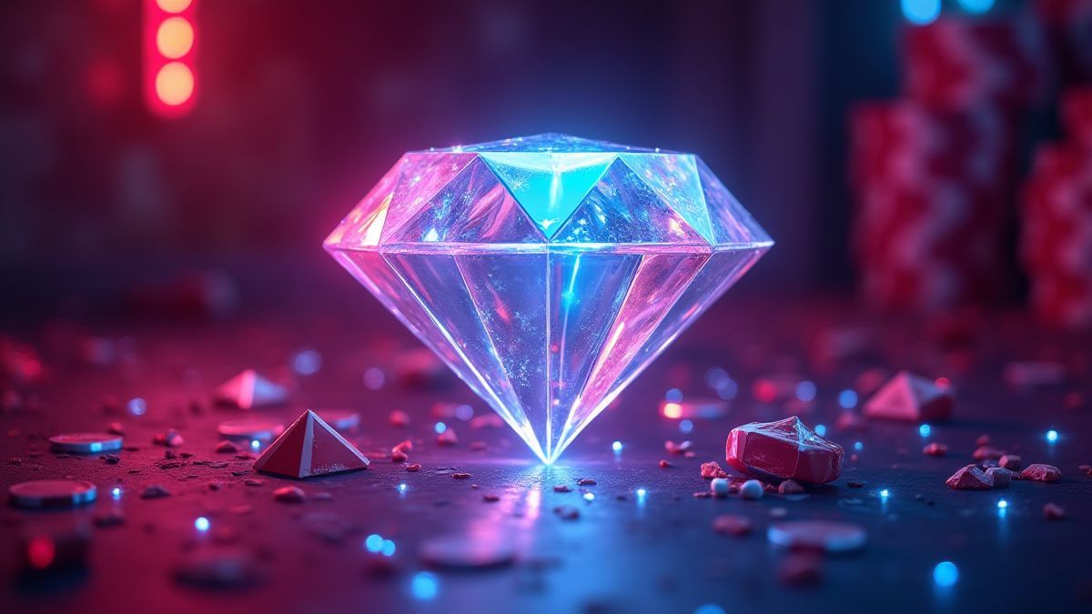 Een sprankelende diamant omringd door neonlichten en casino-elementen.