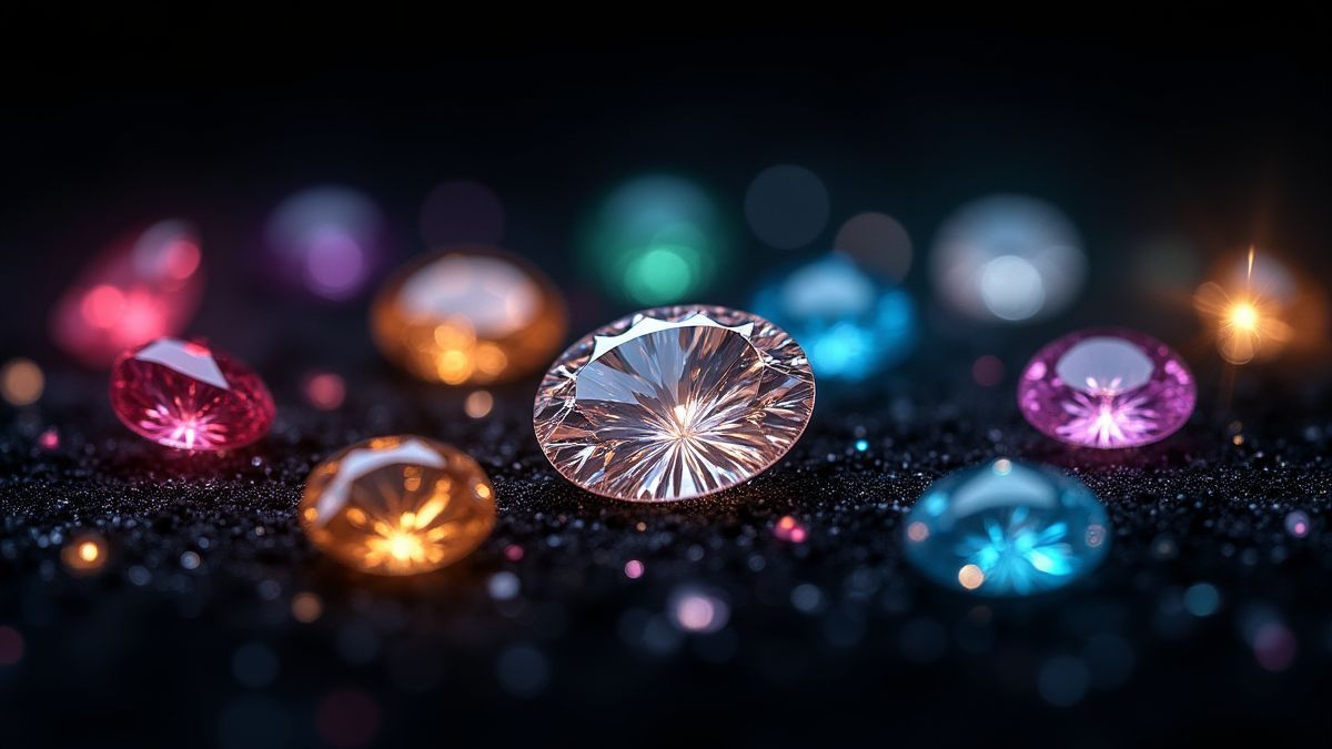 Diamantes brillantes y gemas en un fondo de terciopelo negro.