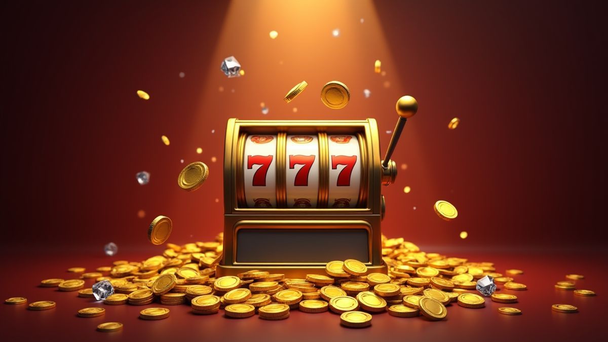 Máquina de casino rodeada de monedas doradas y diamantes.