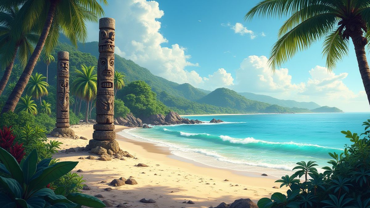 Tropischer Strand mit alten Totems und exotischer Fauna.