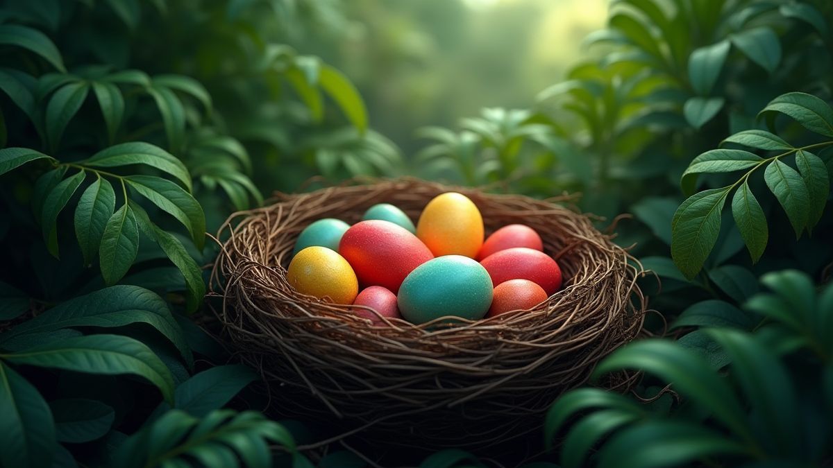 Ein Nest umgeben von tropischer Vegetation und leuchtenden Eiern.