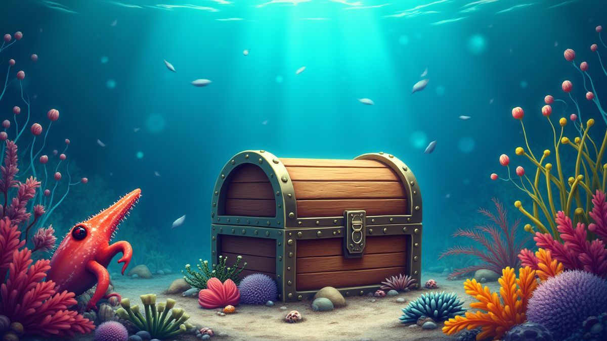 Unterwasser-Schatztruhe umgeben von Meereslebewesen