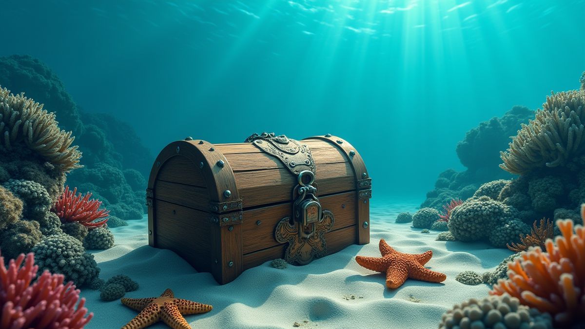 Onderwater schatkist omringd door zeesterren en koraal.