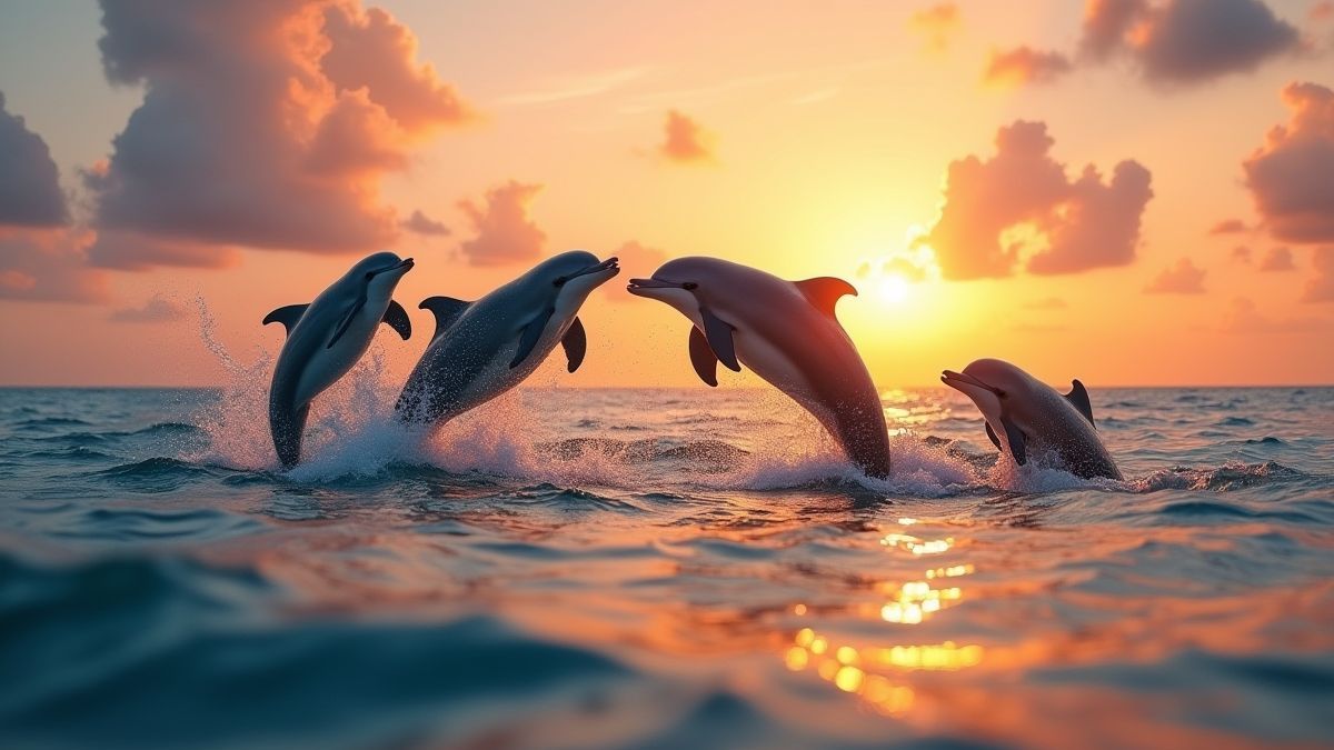 Groep dolfijnen die uit het water springen in een tropische zee bij zonsondergang.
