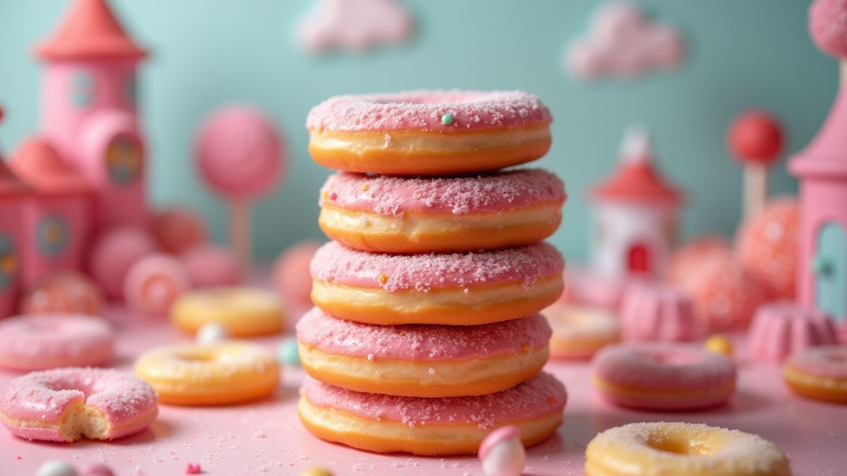Donuts apilados en un fondo de fantasía lleno de caramelos.