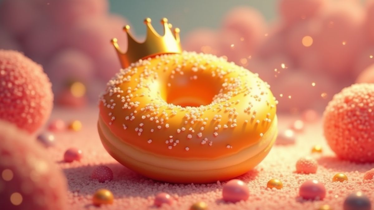 Un donut dorado con corona brillando en un mundo de caramelos.