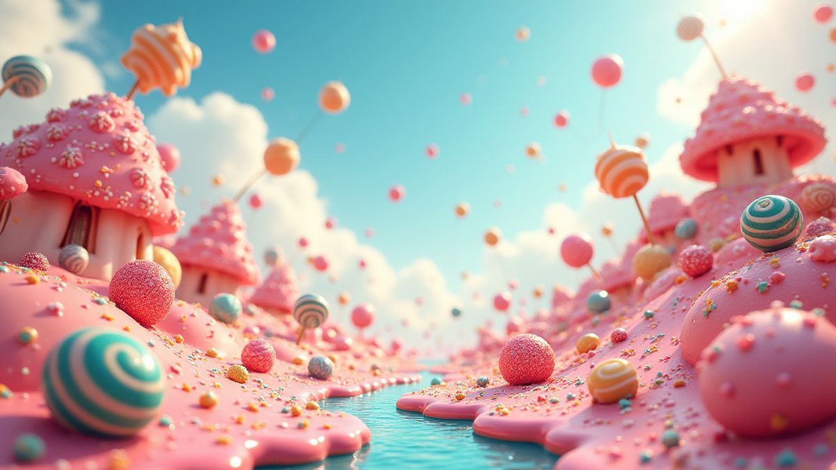 Un mundo de fantasía con ríos de jarabe y chispas flotantes.