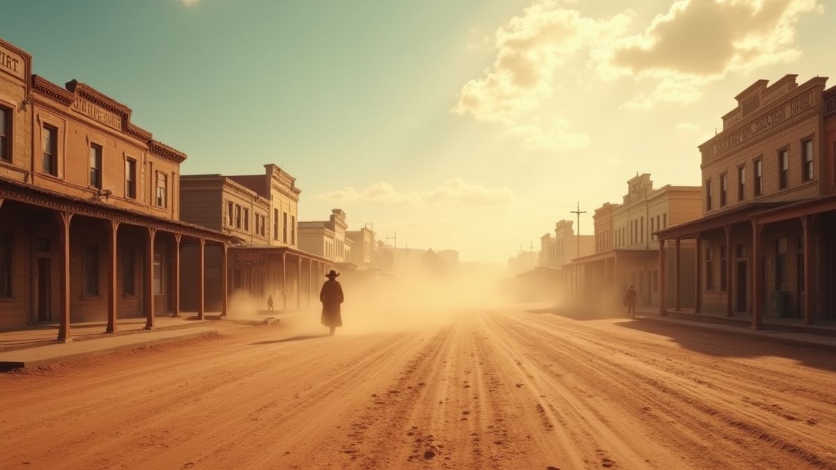 Calle polvorienta del salvaje oeste con un saloon al fondo.