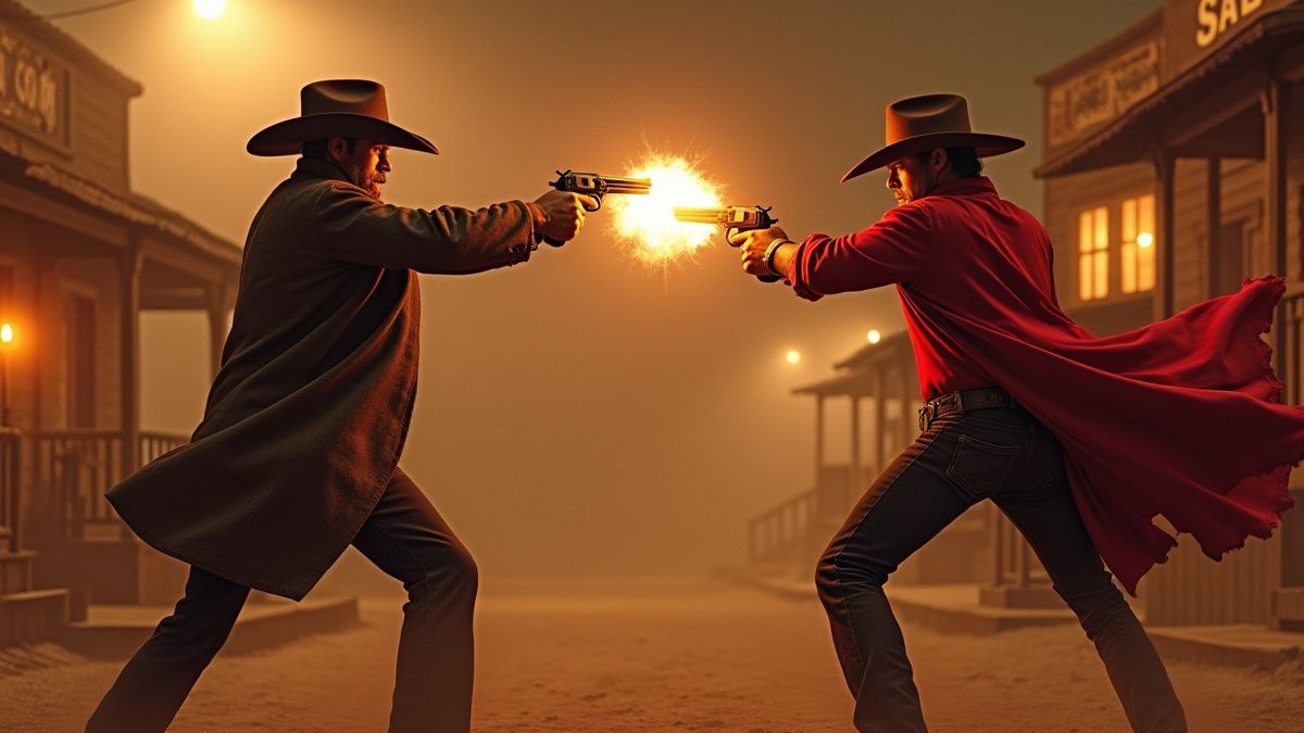 Dos vaqueros en un duelo frente a un saloon en el salvaje oeste.