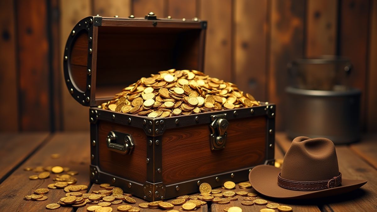 Cofre del tesoro lleno de monedas de oro y equipo de vaquero en un saloon.