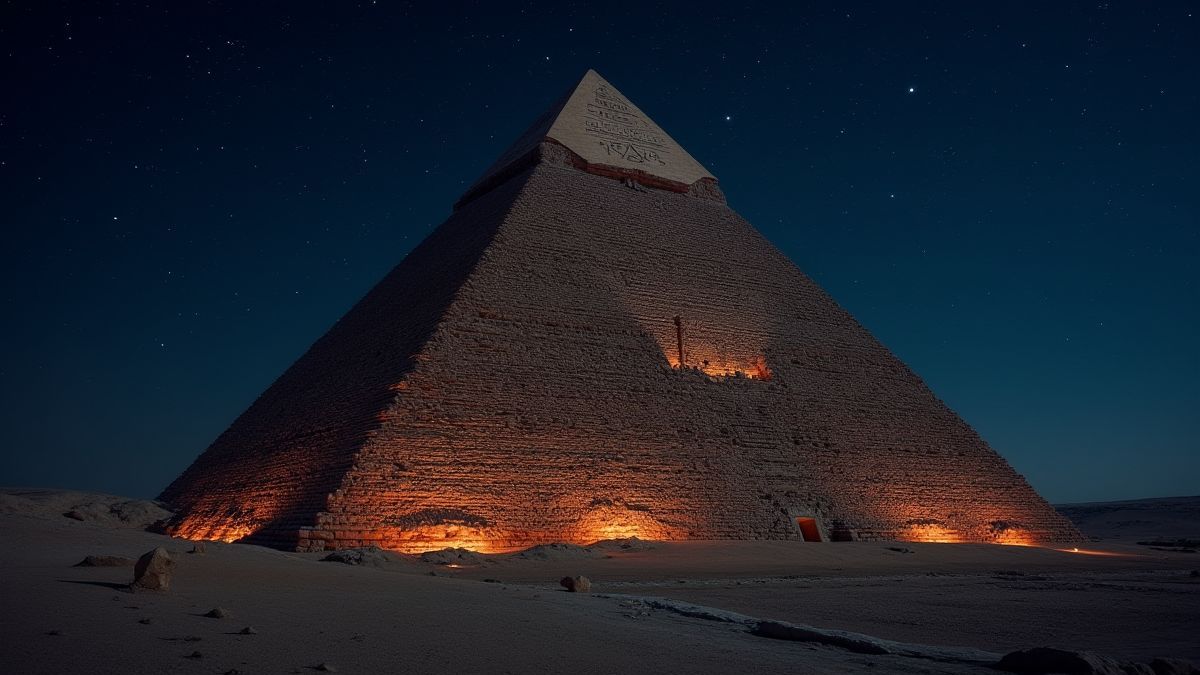 Pirámide egipcia brillante bajo un cielo estrellado.