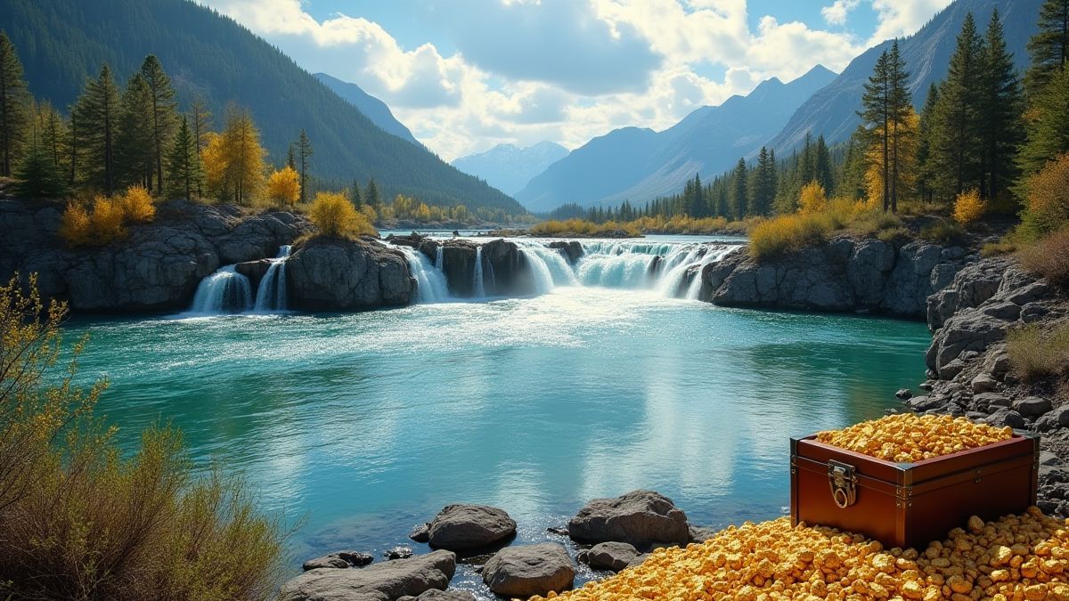 Yukon River with waterfalls and treasure chests.