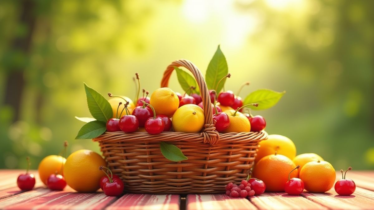 Cesta de frutas animadas em uma mesa de piquenique ensolarada.