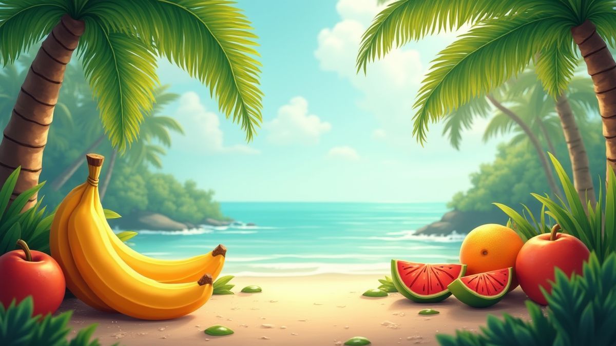 Frutas animadas sob uma palmeira em um ambiente tropical.