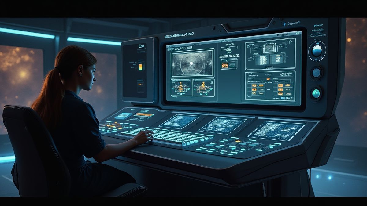 A player adjusting controls on a futuristic panel before starting a space mission.