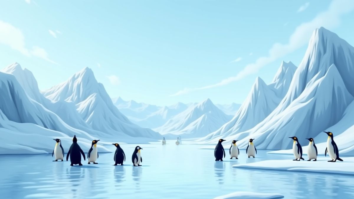 Paisagem ártica animada com pinguins e gelo.