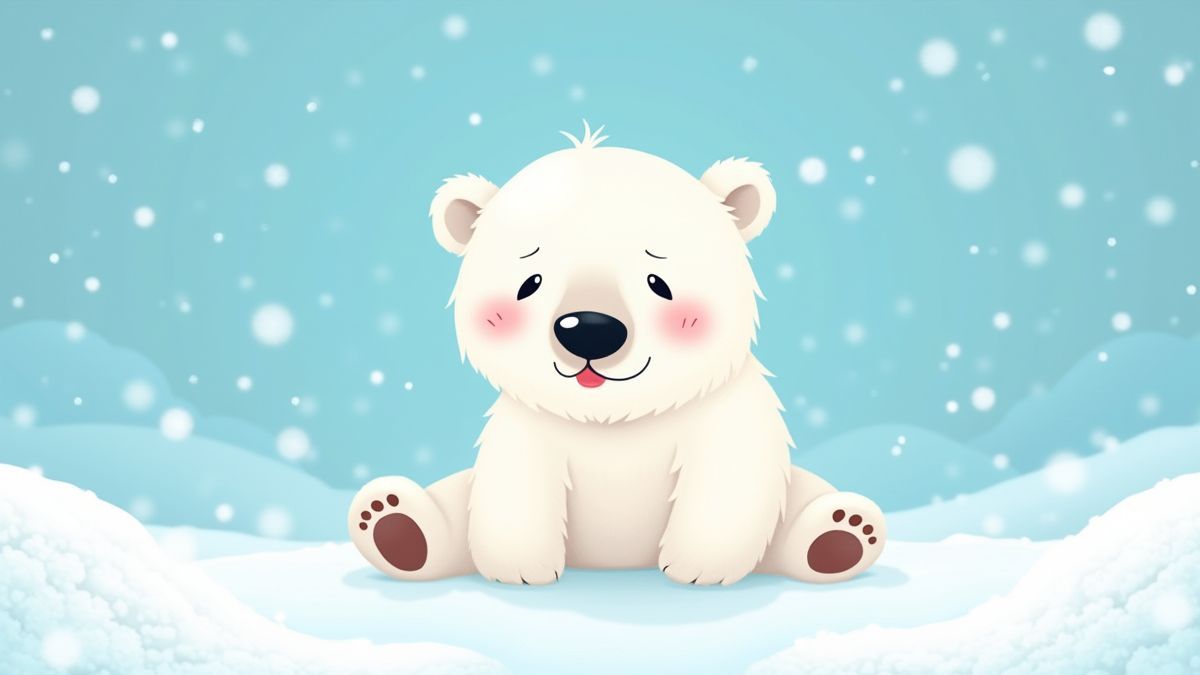 Urso polar animado em um paisaje ártico com neve caindo.