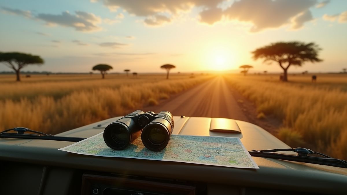 A safari jeep in the African savannah with exploration tools.