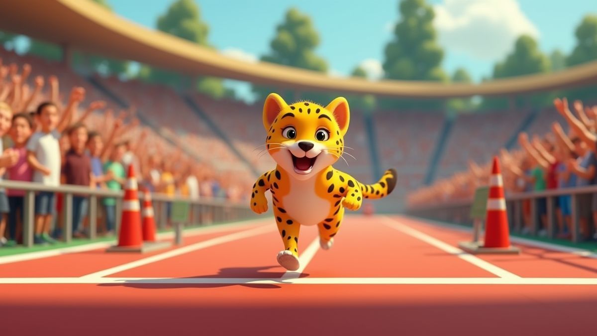 Gepard, der ein Rennen in einem animierten Stadion gewinnt.