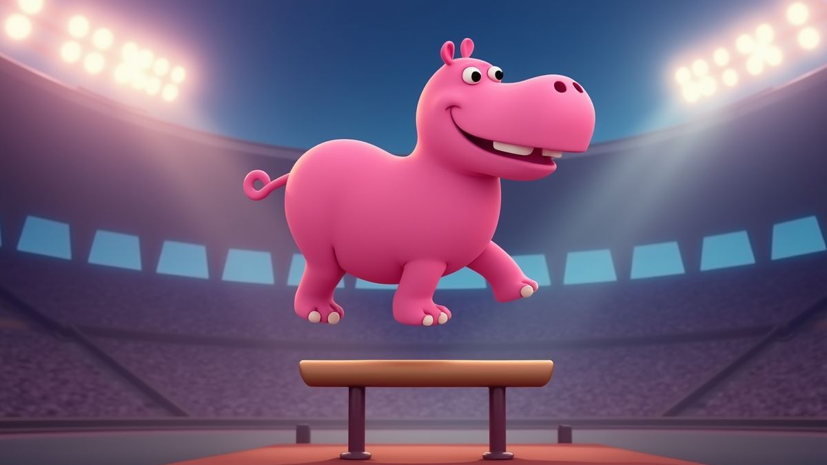 Rosa Hippopotamus führt eine Balance-Routine in einem animierten Stadion auf.
