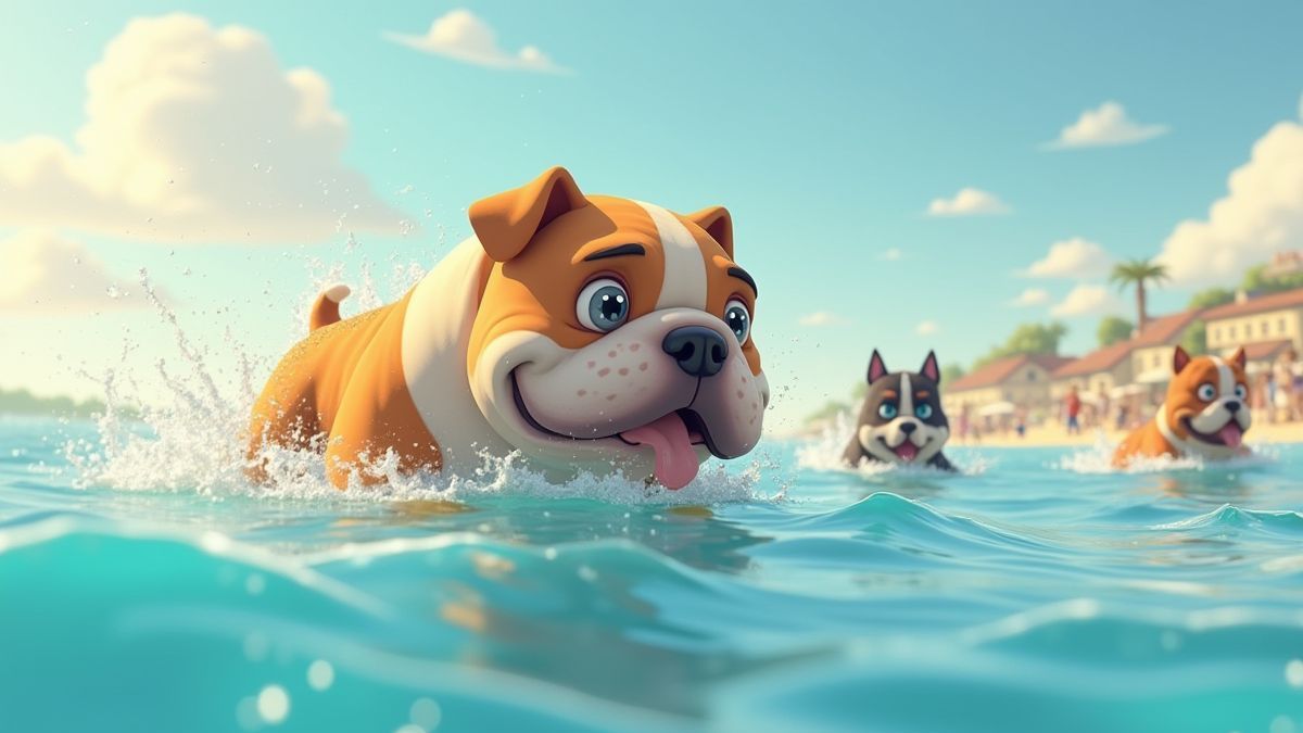 Bulldog, der in einem animierten Wettbewerb schwimmt.