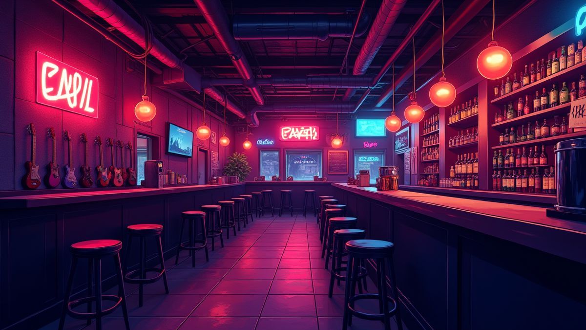 Thema bar met neonlichten en elektrische gitaren.