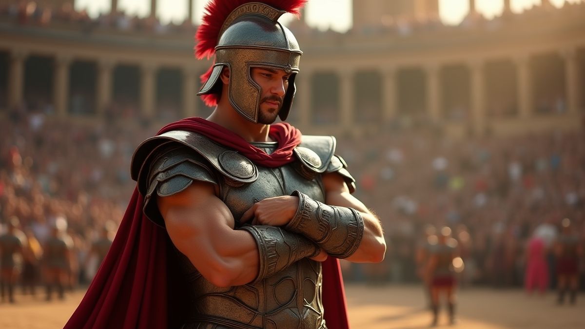 Gladiador ajustando sua armadura antes de entrar na arena.