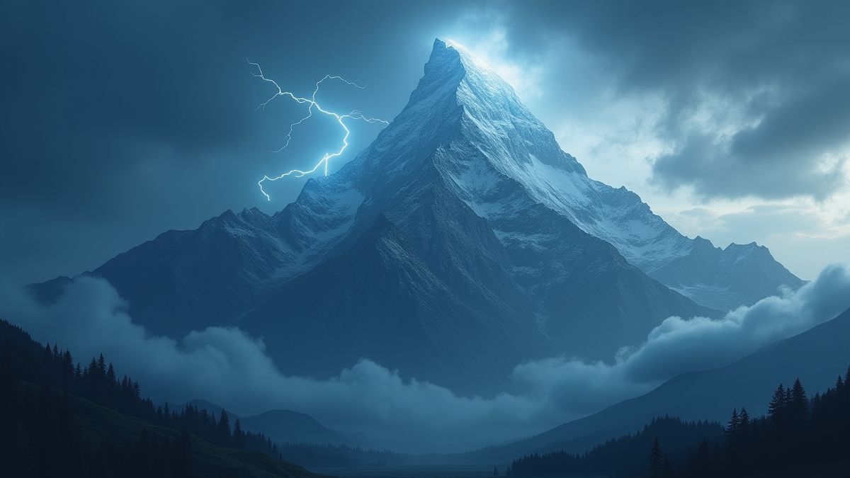 Mount Olympus surrounded by clouds and lightning.