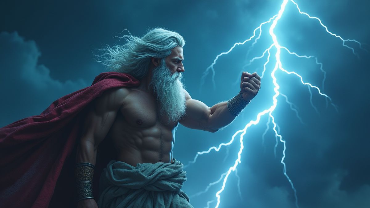 Zeus holding a lightning bolt in a stormy sky.