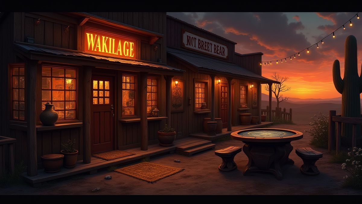Westlicher Saloon bei Dämmerung mit warmem Licht.