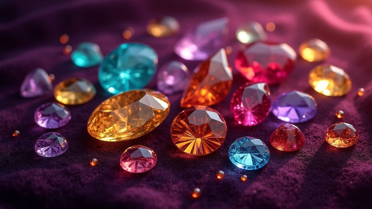 Uma coleção de gemas brilhantes sobre um fundo de terciopelo.