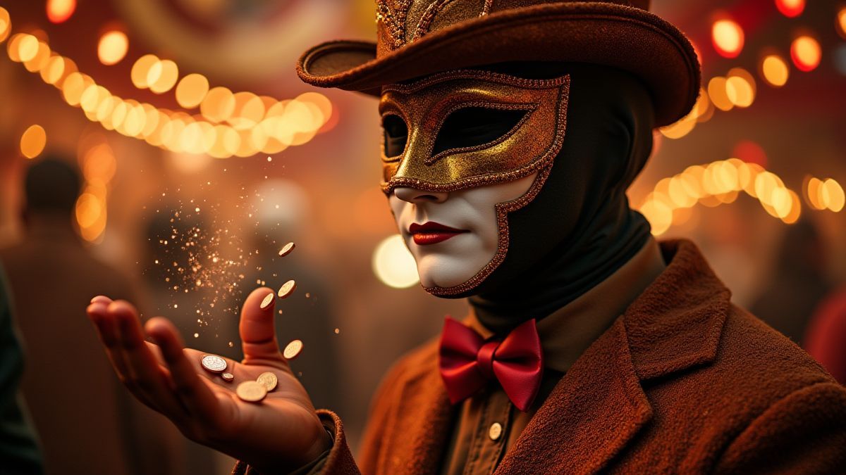 Uma cena de carnaval glamorosa com um artista enmascarado e moedas brilhantes.