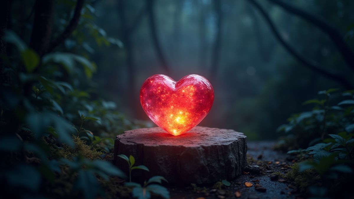 Gema brillante en forma de corazón en la jungla.