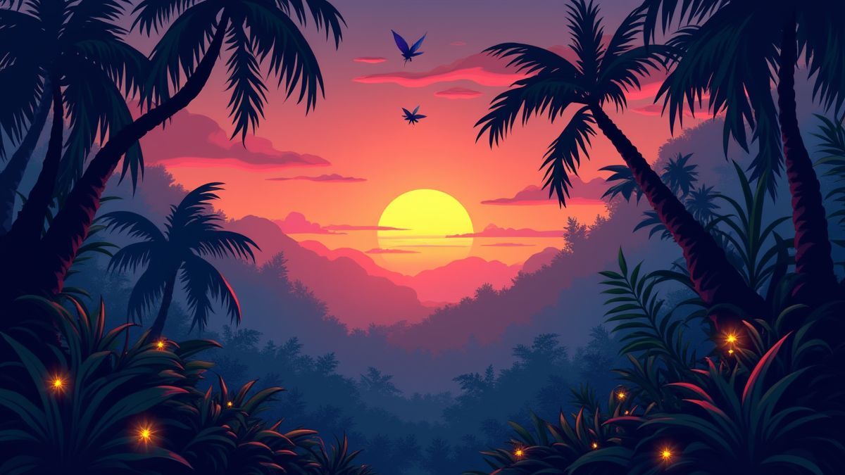 Escena de jungla al atardecer con luciérnagas y plantas exóticas.