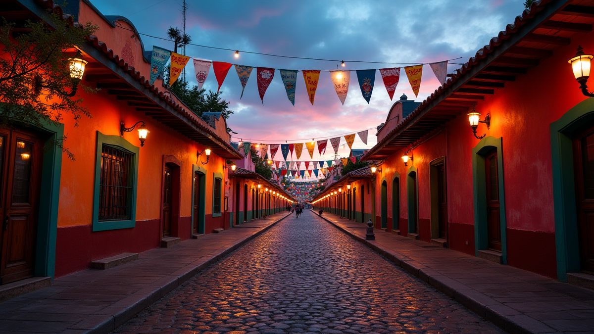 Un pueblo mexicano con calles empedradas y banderines coloridos.