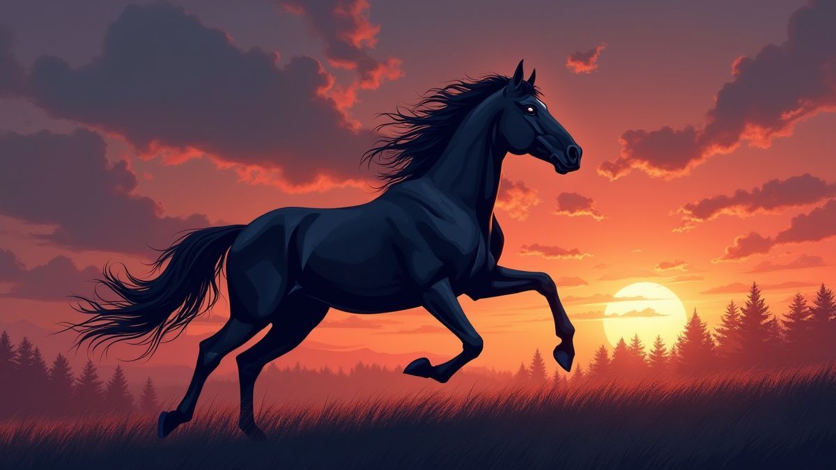 Un caballo negro corriendo al atardecer.
