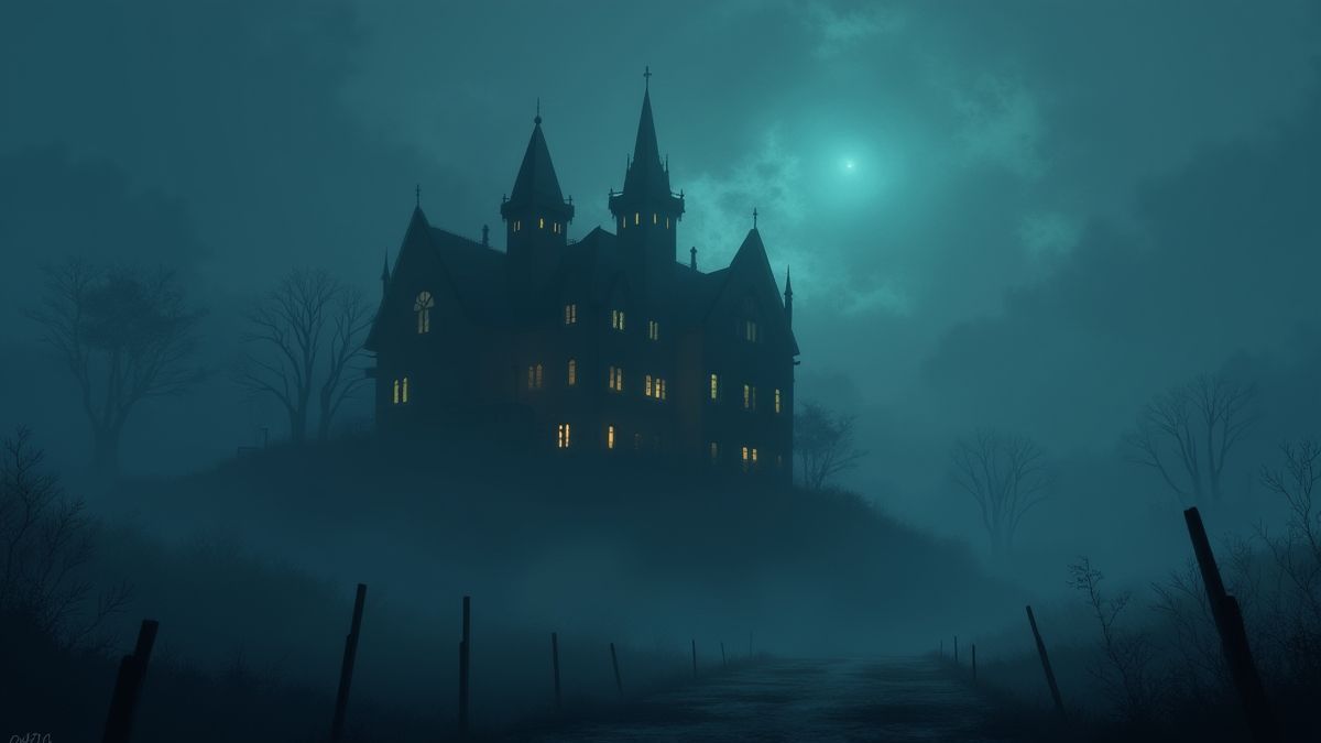 Mansion enveloped in fog with bright lights.