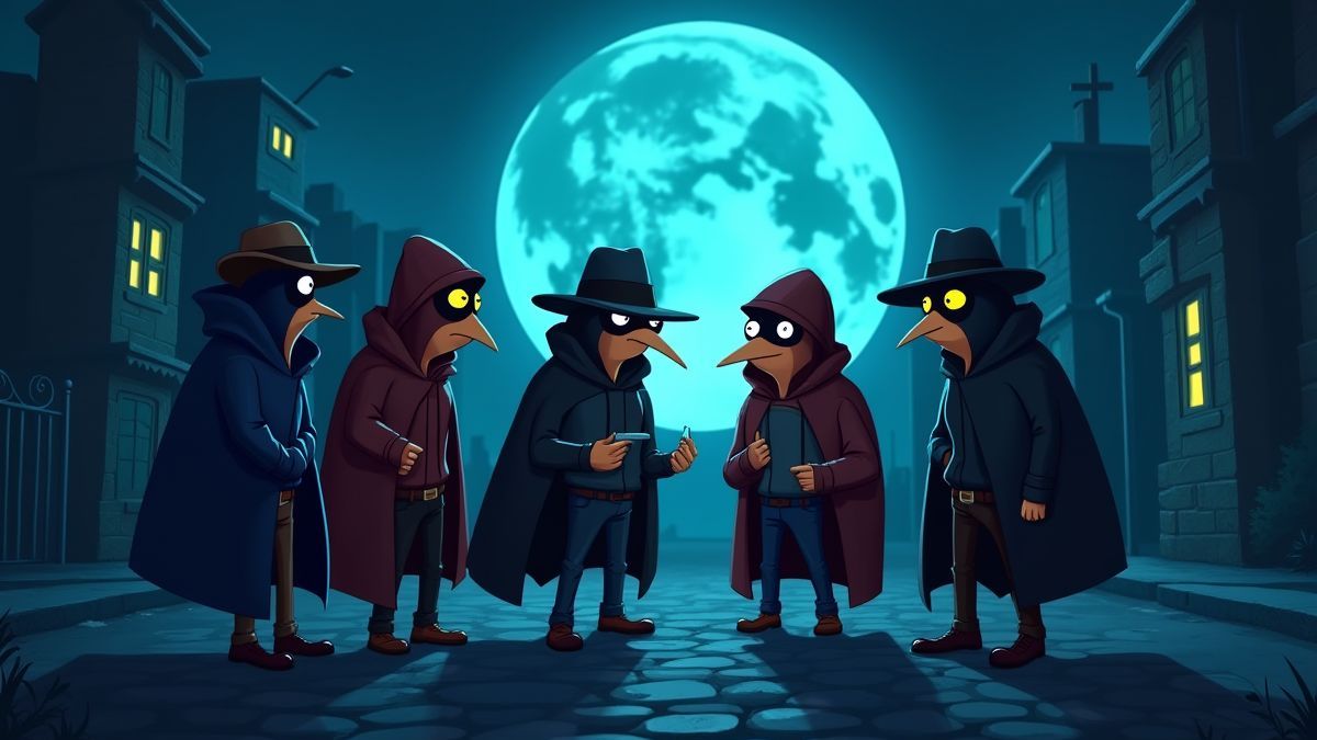 Cartoonish thieves planning a heist under the moonlight.